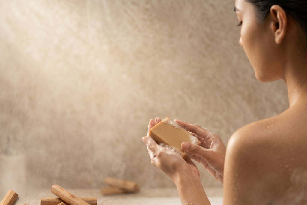 A woman using our Soap
